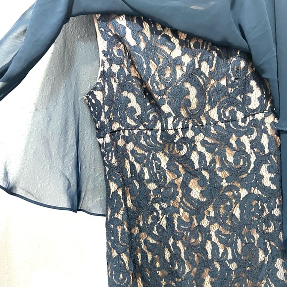 Adrianna Papell navy blue asymetrical overlay draped Dress 12 - Picture 11 of 12